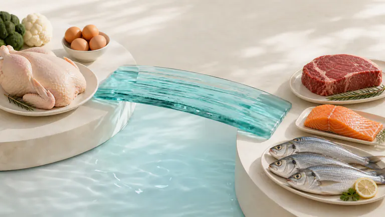 A turquoise glass bridge connecting chicken and eggs with red meat, salmon and fish