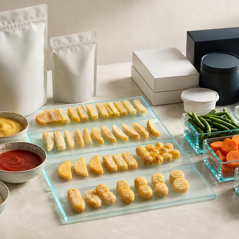 Unbranded food samples and packaging formats arranged as a product-development moodboard