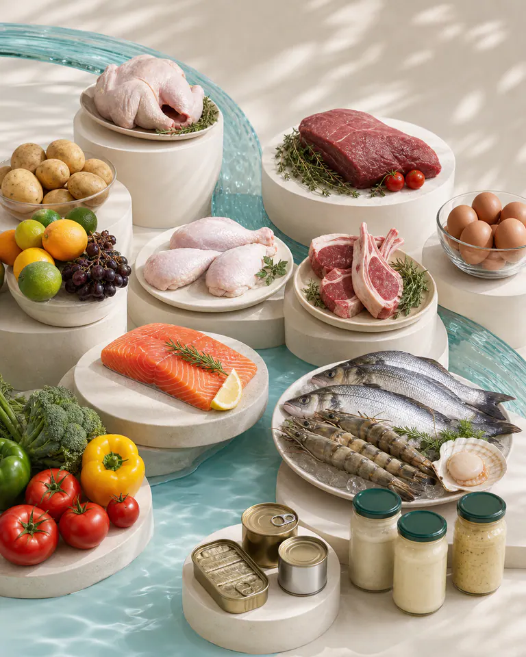 Poultry, meat, fish, seafood, eggs, vegetables, fruit, canned foods and sauces on platforms with aqua glass details