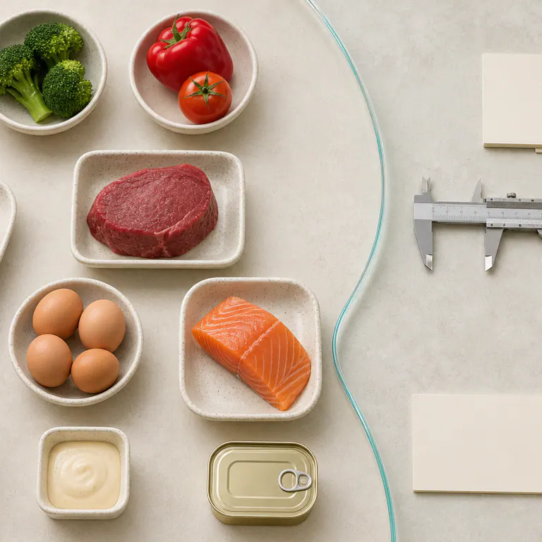 Meat, poultry, salmon, eggs, vegetables and fruit samples arranged for quality review around an aqua glass detail