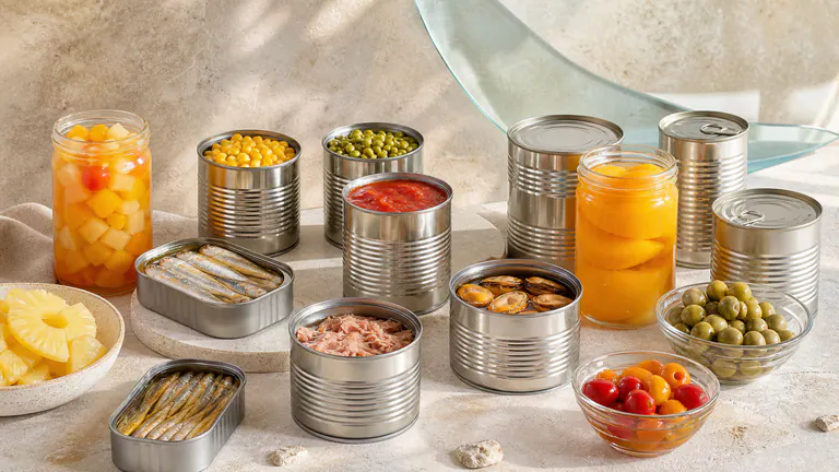 Unbranded canned foods with fresh ingredients on a clean surface