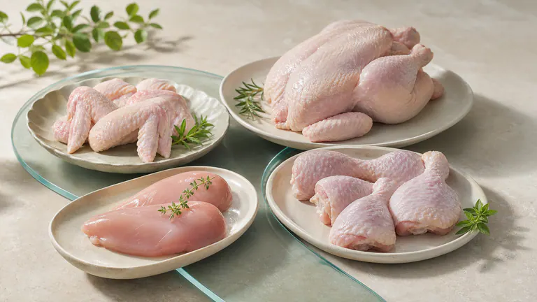 Fresh chicken cuts arranged on a clean stone surface