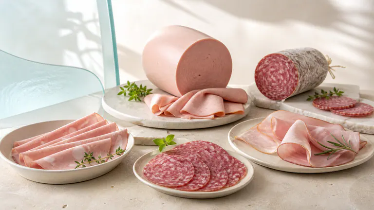 Deli products sliced and arranged on an ivory surface