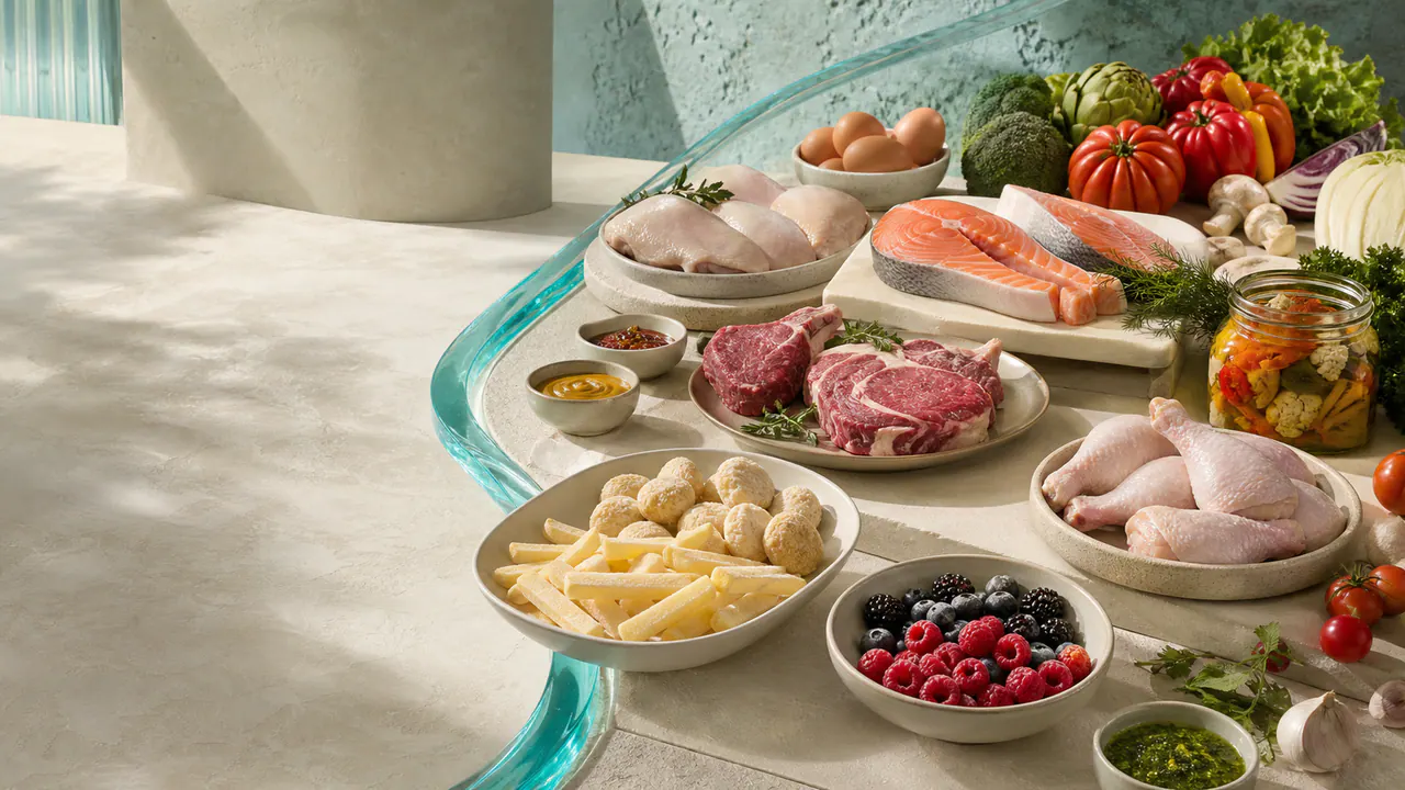 A refined selection of food ingredients connected by aqua-toned ribbons