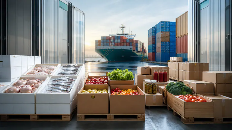 International food export operation with fresh products, refrigerated containers and a cargo ship