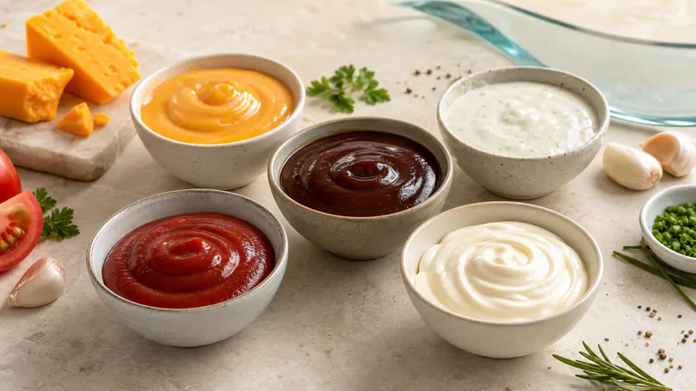 A refined assortment of unbranded sauces in small glass vessels
