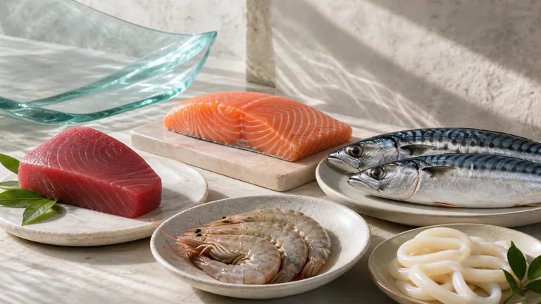 Fresh fish and shellfish arranged with cool aqua accents